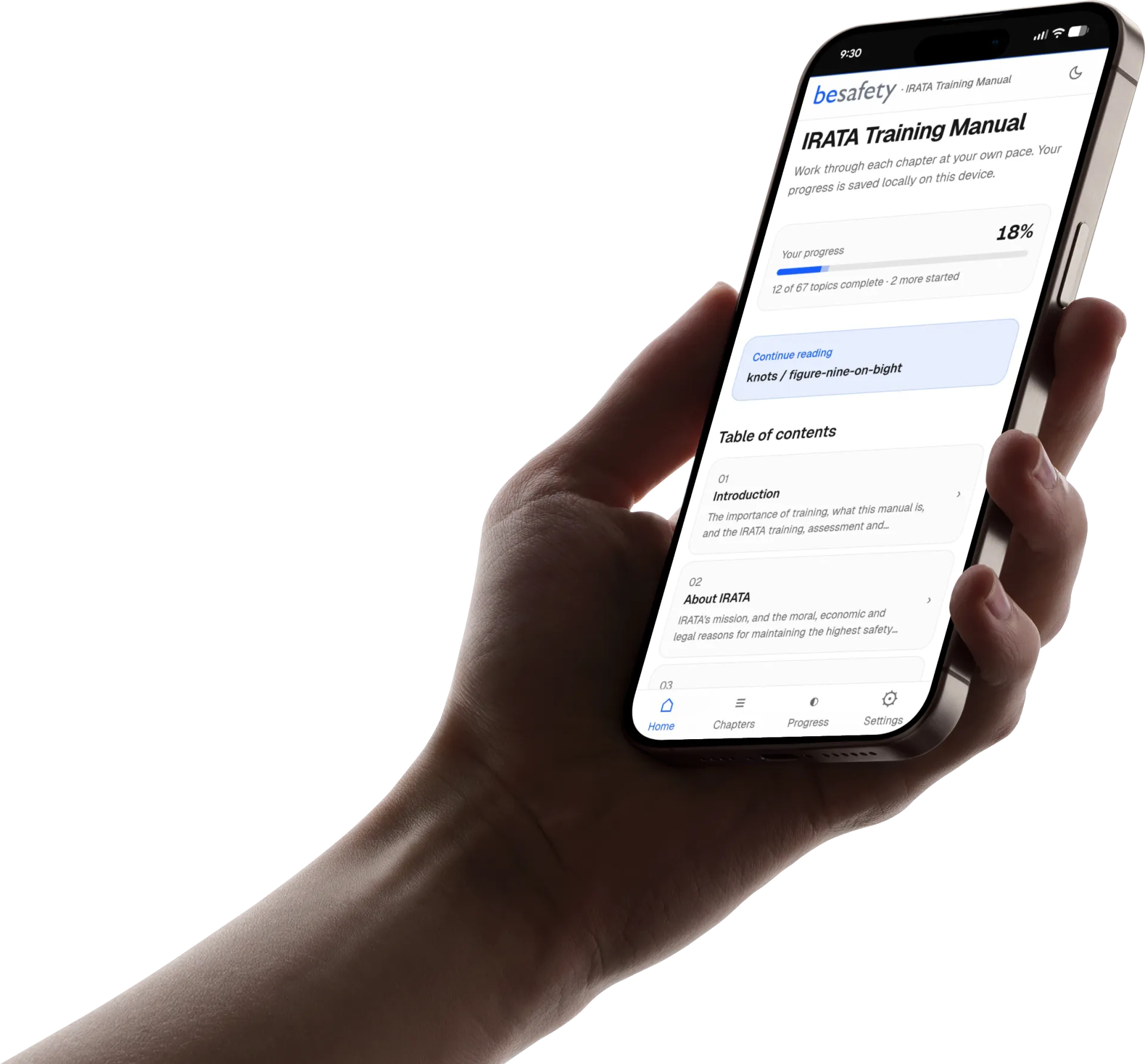 The IRATA Training Manual app open on a phone held in one hand